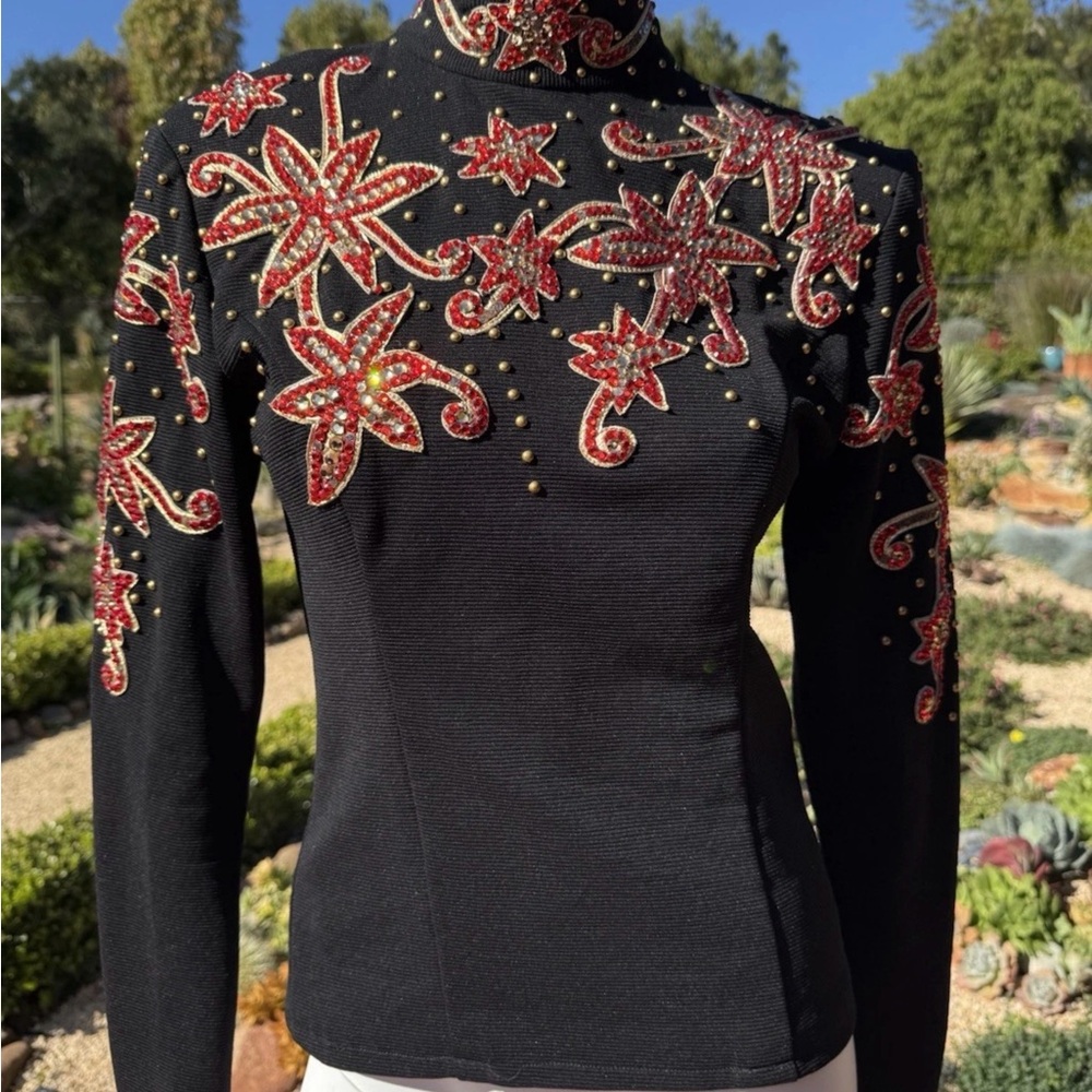 Black High-Neck Embellished Bodysuit Red Floral Appliqués Equestrian Show Shirt